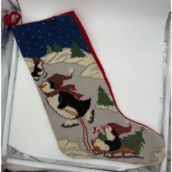 Vintage Penguins Sledding Ice Skating Needlepoint Wool Velvet Christmas Stocking - Picture 1 of 7